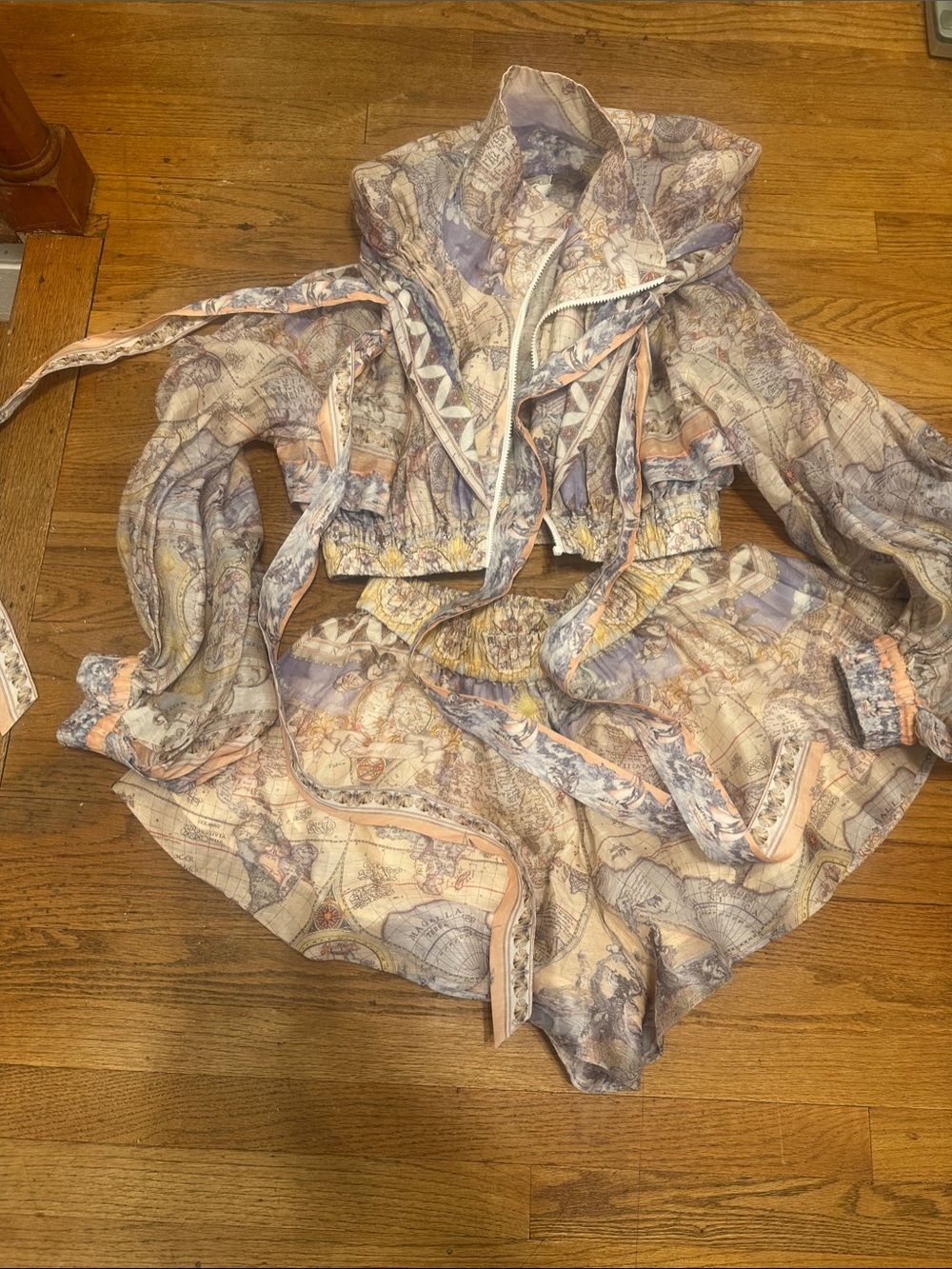 Zimmermann Pastel Map-Print Cropped Bomber Jacket in Cream, Tan & Gray